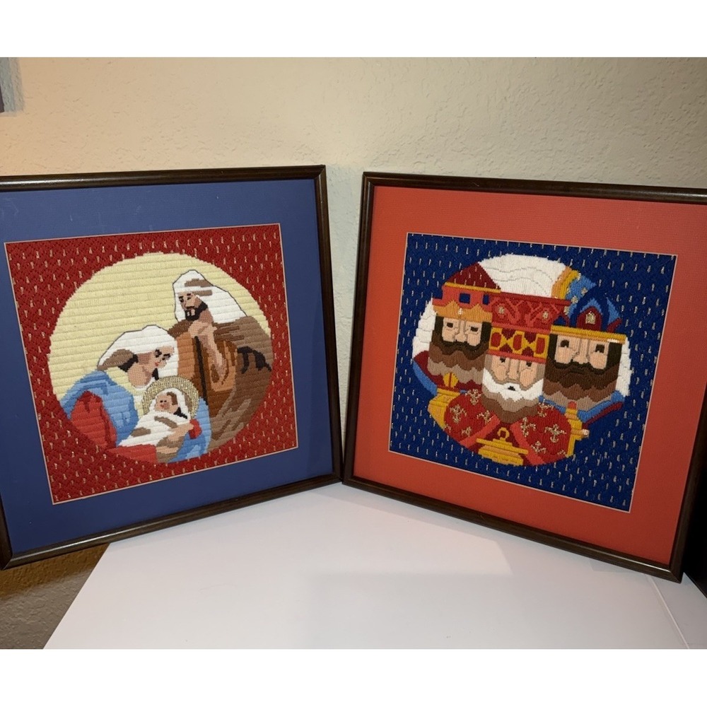 Vintage Framed Christmas Needlepoint Crewel Wall Art Set‎ Nativity Wise Men Wood